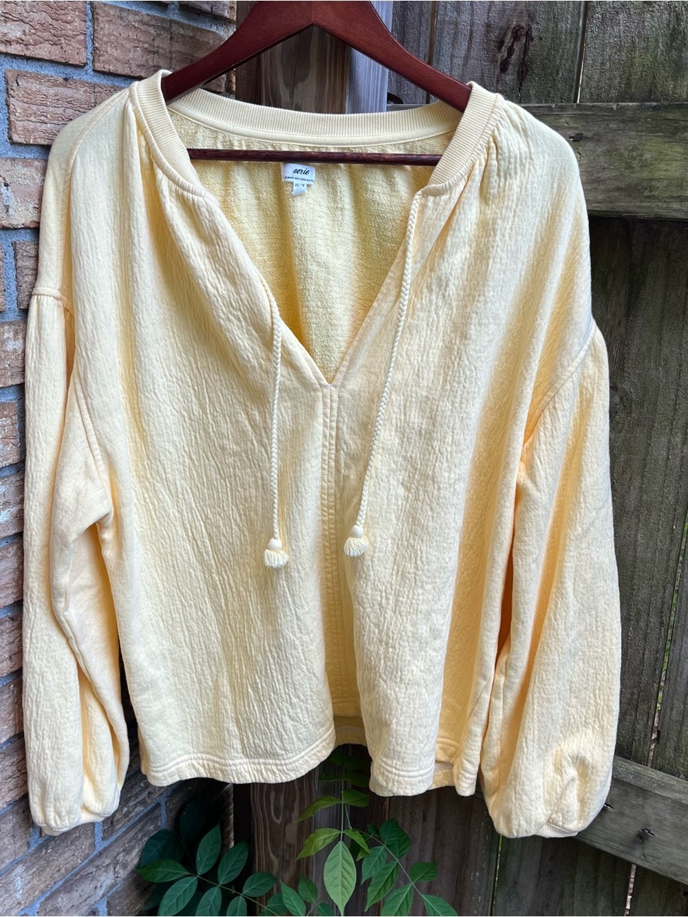 Aerie Oversized Butter Pale Yellow V-Neck Drawstring Pullover Sweatshirt